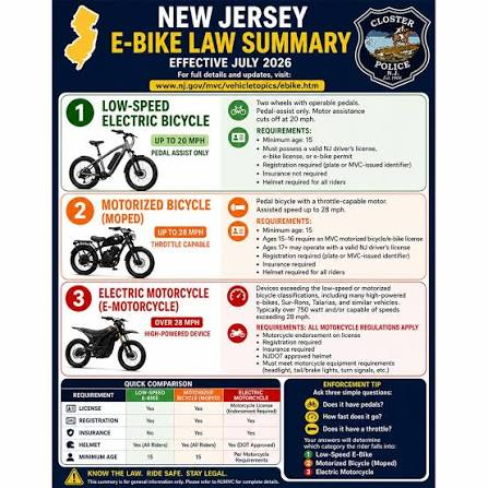 NJ e-bike law summary: registration and insurance by class.