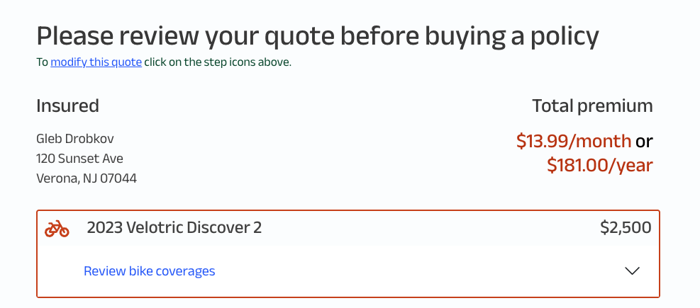 Velosurance quote for a $2,500 e-bike in Verona, NJ